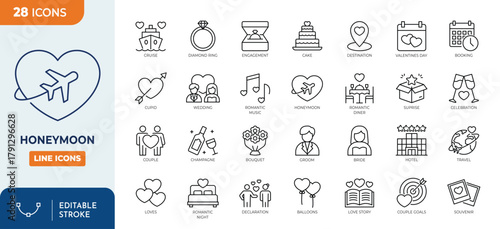 Honeymoon outine editable icon set. featuring icons of various wedding, Love vacation, Romantic holiday, and more. Editable stroke. Vector illustration	