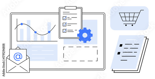 Dashboard with chart, checklist on clipboard, gear, shopping cart, email, and documents. Ideal for productivity, analytics strategy optimization e-commerce teamwork organization. Simple flat