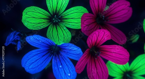 Wallpaper Mural Vibrant Floral Symphony: A captivating image showcases a cluster of brightly colored flowers, each petal bursting with an electric glow of radiant hues Torontodigital.ca