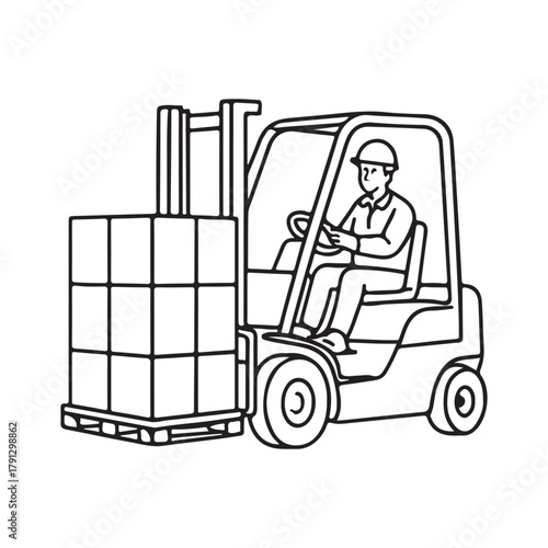 Efficient forklift operator moving stacked boxes in warehouse outline, perfect for logistics, delivery, and modern industrial themes in your next project
