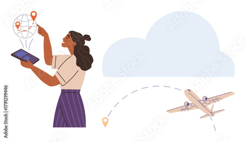 Woman interacts with a tablet displaying a flight map, tracking routes with airplane, cloud, and location markers. Ideal for travel, navigation, innovation, logistics, technology planning global