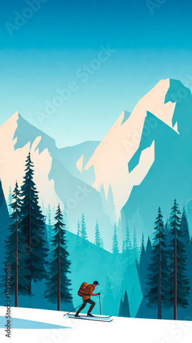 Skier on a skitour through a mountain forest at dawn. One athlete.