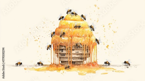 A vibrant illustration of a honeycomb dripping with honey, surrounded by buzzing bees, creating a sweet, inviting scene.