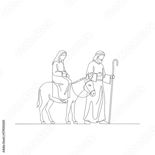 A minimalist one-line drawing of the journey to Bethlehem, depicting Mary on a donkey and Joseph walking, simple outlines during advent elegant and serene - Christmas card design, peaceful