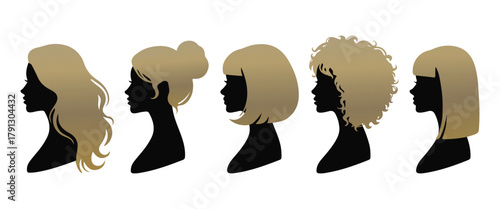 Logo for beauty salons. Beautiful girl set illustration. Female hairstyle. 