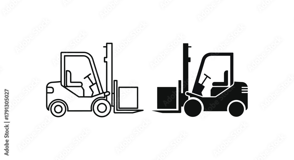 Fototapeta premium Forklift Truck Line and Silhouette Icon Set