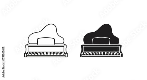 Two detailed illustrations of grand pianos, one outlined and the other filled in black.