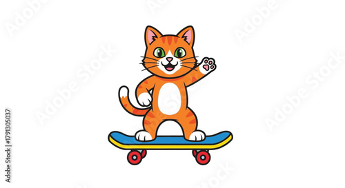 Cute cartoon orange cat riding a skateboard and waving.