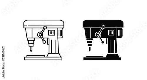 Drilling Machine Line and Silhouette Icon Set