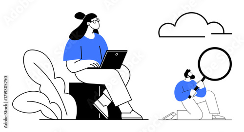 Woman working on laptop while seated among large leaves, man analyzing cloud with magnifying glass. Ideal for teamwork, research, observation, analysis, problem-solving, productivity, simple flat