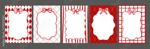 Hand drawn Red Frames Collection - Whimiscal Set - Doodle style with bow and ribbon stripes. Art banner, poster, cover templates.