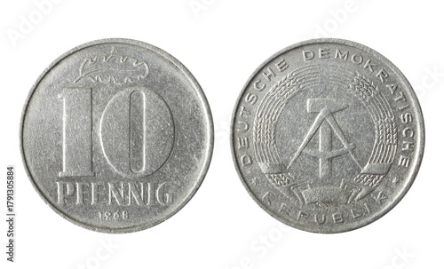 Isolated photo of 10 pfennig Germany 1968 coin on white background.