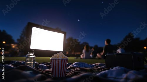 Relaxing evening at an outdoor cinema with popcorn and water on a blanket under a starry sky