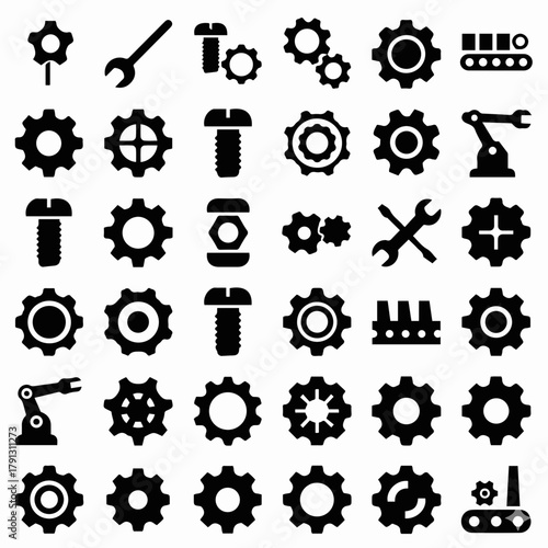 ​A large collection of black silhouette icons representing engineering, industry, and mechanics, including various gears, screws, wrenches, bolts, and robotic arms.