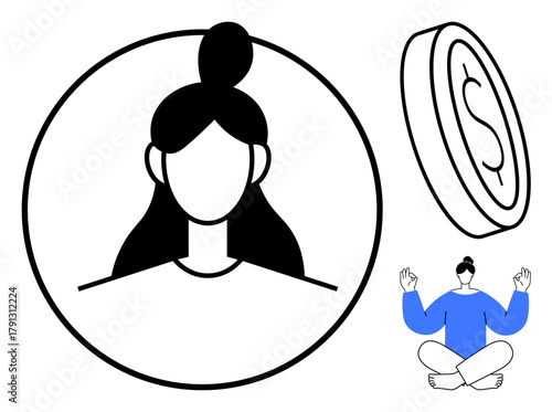 Female portrait in a circle alongside coin and person in a yoga pose. Ideal for themes thumbs up finance, self-care, balance, mental health, mindfulness, meditation, personal growth. A simple flat