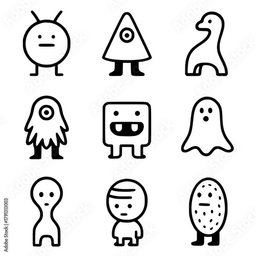 9 weird character icons, outline version