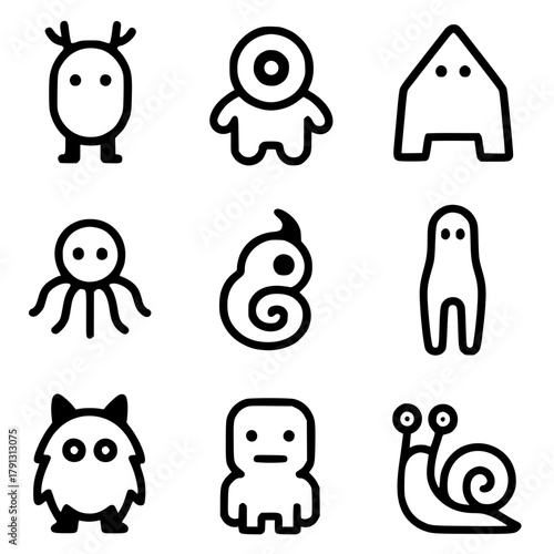 9 weird and funny character icons, outline version