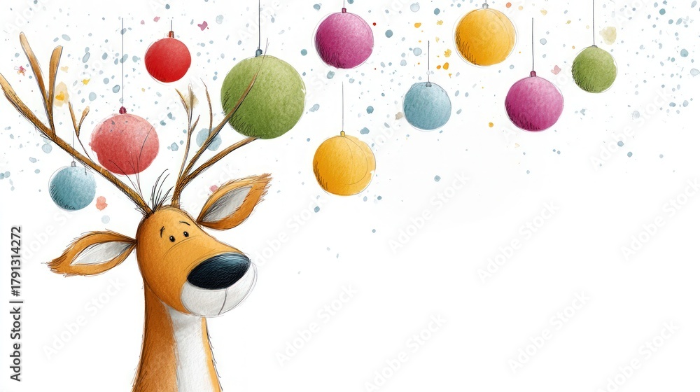 Fototapeta premium Whimsical reindeer celebrating christmas with colorful baubles, copy space, greeting card
