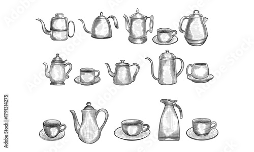 Tea kettles set. Teapots drawn collection. Coffee pot sketch isolated.