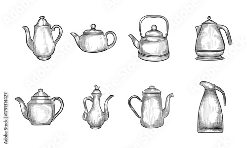 Sketches of coffee objects. Hand drawn with ink in vintage style. Vector illustration.