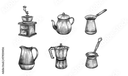 set of coffee pots in graphic style