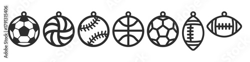 Sports balls designs for earrings, pendant, bracelet or keychain. Soccer, volleyball, baseball, basketball, football, rugby. Jewelry laser cut template for leather, wood and metal. Hanging bijouterie