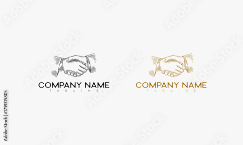 Approved Hand shake vintage logo, Hand drawn sketch of handshaking - Vector Illustration