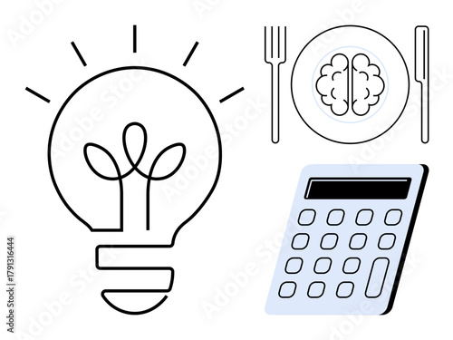 Light bulb with plant represents creativity, plate with brain suggests mindful eating, calculator emphasizes logic. Ideal for innovation, education, wellness, productivity, diet, analysis simple