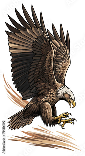 A majestic eagle with outstretched wings, descending with focused intensity.