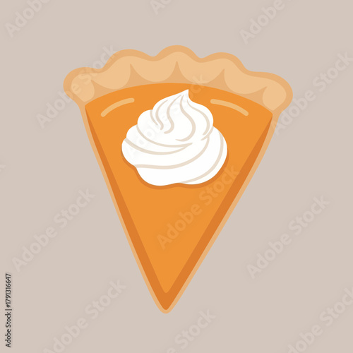 A single slice of pumpkin pie topped with whipped cream, isolated.