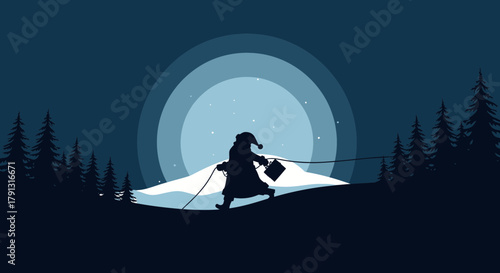 Silhouette of Santa Claus walking with a sack over a snowy hill, with trees and a moon in the background.