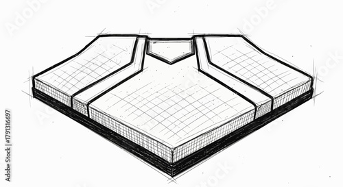 Isometric drawing of a stylized object featuring a geometric design with a grid pattern.
