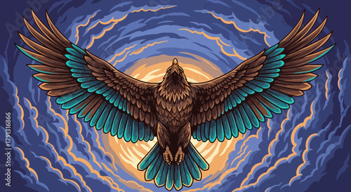 Illustration of a majestic eagle soaring with outstretched wings against a dynamic, swirling sky and a bright light source.