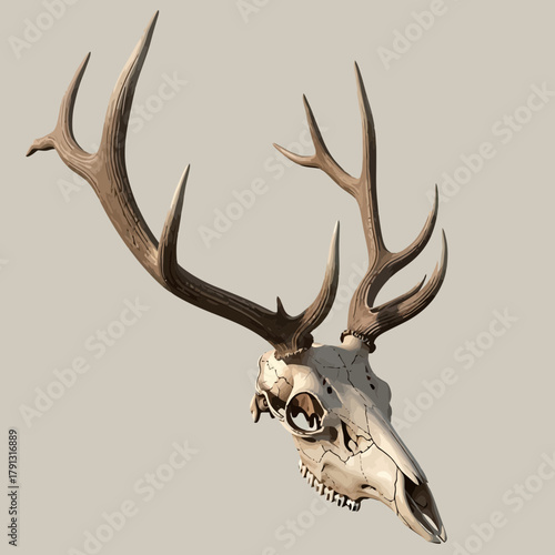 A deer skull with large antlers is displayed against a light background, showcasing its intricate bone structure.