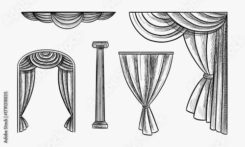 hand drawn Curtain sketch. Vector set. Isolated