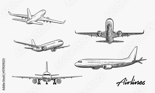 Set of Plane flies in sky clouds, vector sketch illustration. Air travel, tourism flight, plane tickets booking hand drawn isolated design elements