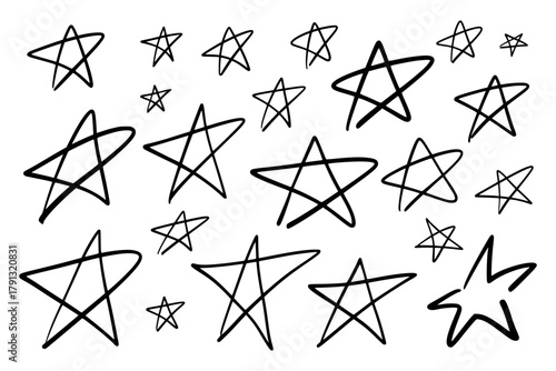Set of five pointed large and small contour stars, hand drawn with sweeping confident lines using black marker of varying thickness. Vector illustration on white isolated background.