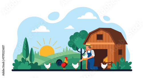 Flat vector illustration of peaceful morning at a village farm with farmer feeding chickens near barn. Solid warm tones, soft sky, no gradients, concept of simple rural life