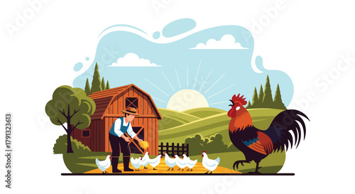 Flat vector illustration of peaceful morning at a village farm with farmer feeding chickens near barn. Solid warm tones, soft sky, no gradients, concept of simple rural life