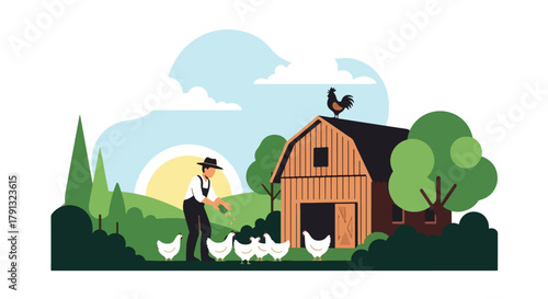 Flat vector illustration of peaceful morning at a village farm with farmer feeding chickens near barn. Solid warm tones, soft sky, no gradients, concept of simple rural life