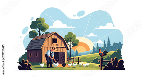 Flat vector illustration of peaceful morning at a village farm with farmer feeding chickens near barn. Solid warm tones, soft sky, no gradients, concept of simple rural life