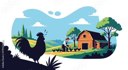 Flat vector illustration of peaceful morning at a village farm with farmer feeding chickens near barn. Solid warm tones, soft sky, no gradients, concept of simple rural life