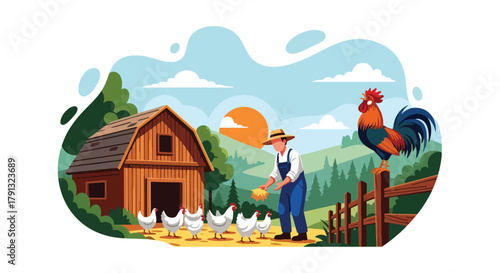 Flat vector illustration of peaceful morning at a village farm with farmer feeding chickens near barn. Solid warm tones, soft sky, no gradients, concept of simple rural life