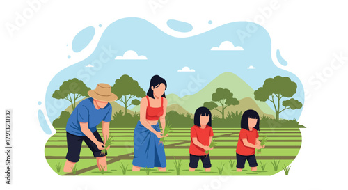 Flat vector illustration of family planting rice in lush green paddy field under blue sky. Solid bright tones, no gradients, concept of teamwork and traditional countryside life
