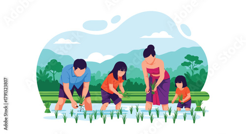 Flat vector illustration of family planting rice in lush green paddy field under blue sky. Solid bright tones, no gradients, concept of teamwork and traditional countryside life
