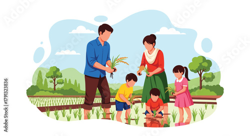 Flat vector illustration of family planting rice in lush green paddy field under blue sky. Solid bright tones, no gradients, concept of teamwork and traditional countryside life