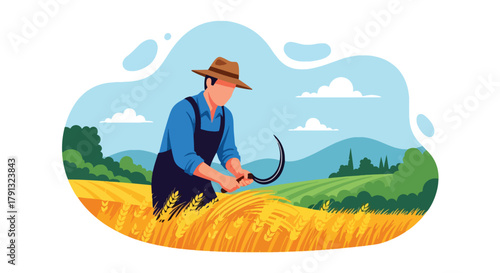 Flat vector scene of farmer harvesting golden wheat field under clear sky. Solid earthy palette, geometric shapes, no gradients, simple life and farming concept illustration