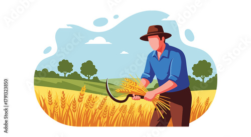 Flat vector scene of farmer harvesting golden wheat field under clear sky. Solid earthy palette, geometric shapes, no gradients, simple life and farming concept illustration