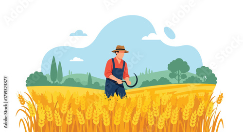 Flat vector scene of farmer harvesting golden wheat field under clear sky. Solid earthy palette, geometric shapes, no gradients, simple life and farming concept illustration