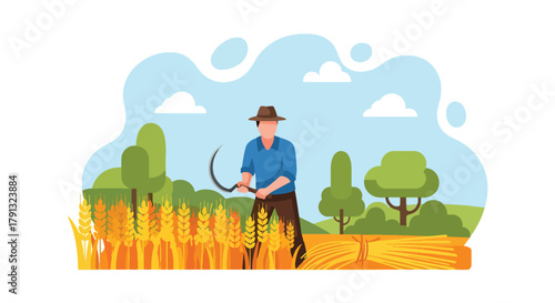 Flat vector scene of farmer harvesting golden wheat field under clear sky. Solid earthy palette, geometric shapes, no gradients, simple life and farming concept illustration